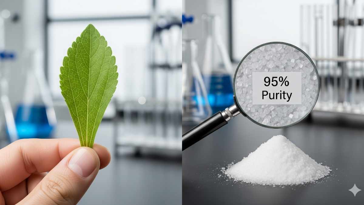 Split image showing the raw Stevia leaf versus the approved, high-purity steviol glycosides to illustrate the difference in stevia safety.