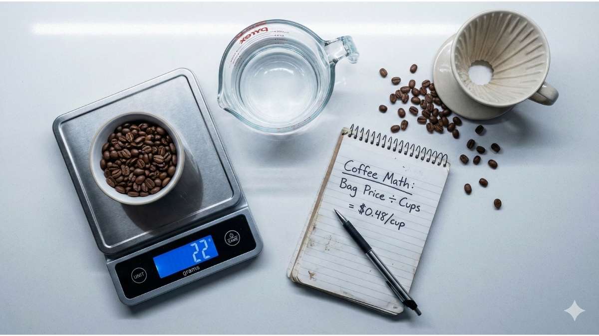 Kitchen scale weighing coffee beans for cost per cup calculation