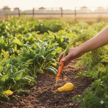 A hand holding a freshly harvested carrot from rich, dark organic soil, symbolizing the integrity of the organic farming process. A hand holding a freshly harvested carrot from rich, dark organic soil, symbolizing the integrity of the organic farming process.