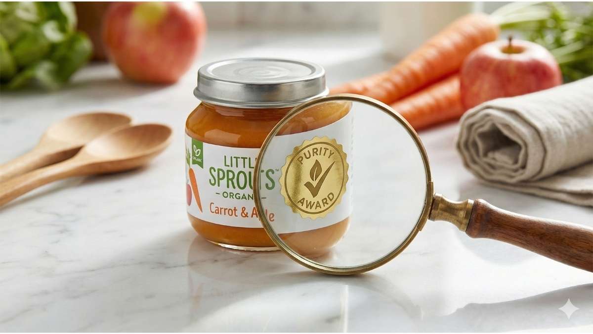 Clean Label Project Purity Award concept showing a magnifying glass inspecting organic baby food for heavy metals.