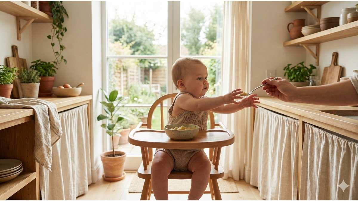 Baby sitting upright in high chair reaching for food, demonstrating developmental readiness for solids like head control and loss of tongue-thrust reflex.