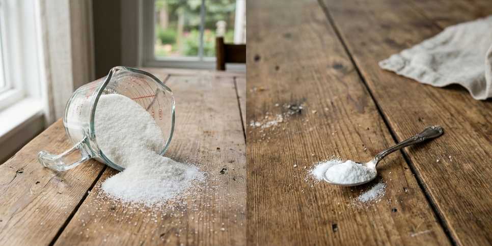 Comparison of one cup of sugar versus one teaspoon of organic baking with stevia powder showing volume difference.