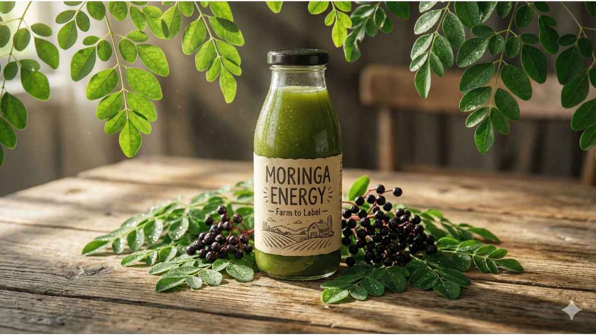 Bella All Natural Moringa Juice bottle on farm table with raw ingredients for review