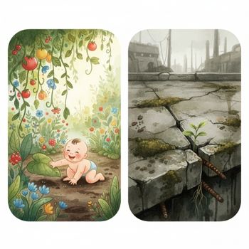 Split image illustrating the difference between the organic farming process and environmental contamination in the search for the best organic baby food. Split image illustrating the difference between the organic farming process and environmental contamination in the search for the best organic baby food.