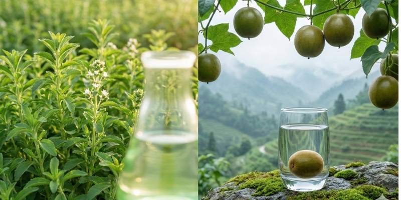 Side-by-side comparison of growing Stevia plants and Monk Fruit vines to illustrate natural origins. Side-by-side comparison of growing Stevia plants and Monk Fruit vines to illustrate natural origins.