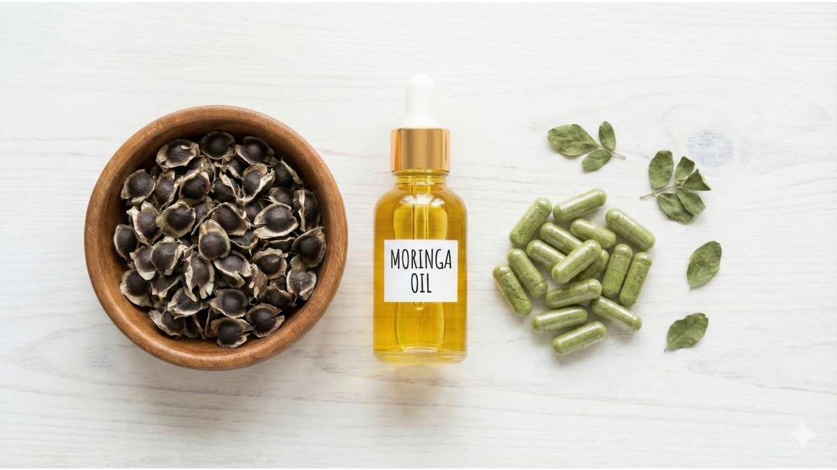 Moringa seeds, oil, and capsules displayed together for comparison.