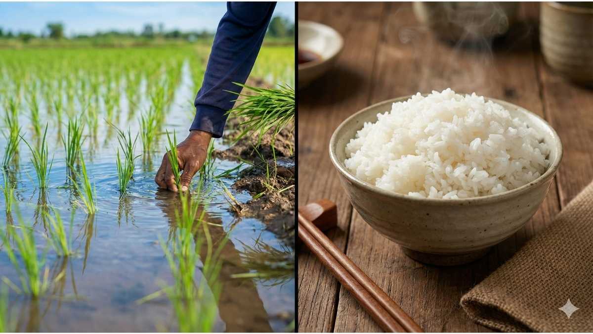 Flooded rice paddy field soil compared to a bowl of cooked white rice, illustrating arsenic absorption risks.