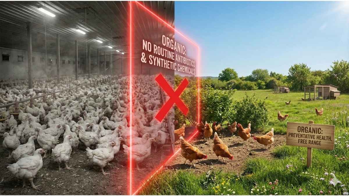 Contrast of confined conventional poultry farm vs. free-ranging organic chicken on pasture, illustrating the antibiotic ban and risk elimination strategy against antimicrobial resistance.