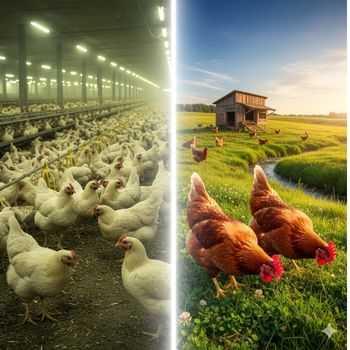 Organic chicken vs. conventional chicken: Split view showing crowded conventional farm versus sunny, spacious organic pasture.