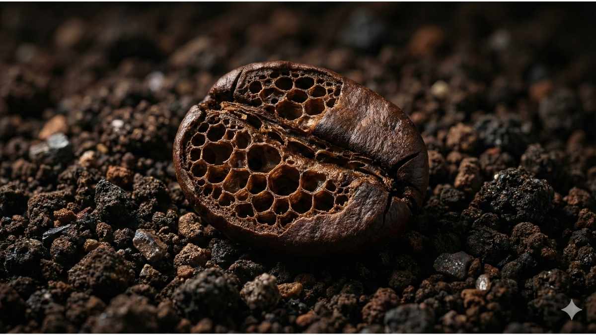 cracked organic coffee bean showing dense structure free of mold