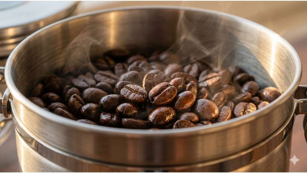 Macro shot of dark roasted coffee beans in a steel canister
