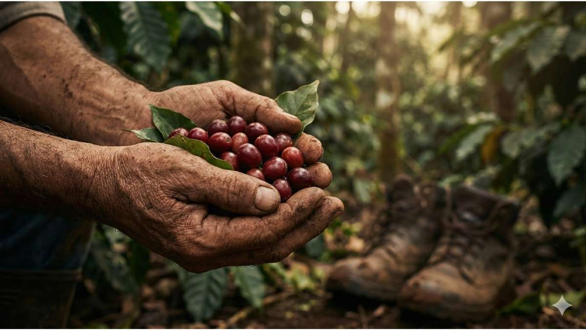 Farmer holding ripe red organic coffee cherries in a shade-grown forest setting