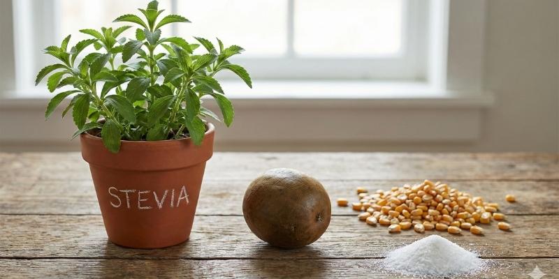 Comparison of natural sweetener sources: Stevia plant, Monk Fruit, and Corn. Comparison of natural sweetener sources: Stevia plant, Monk Fruit, and Corn.