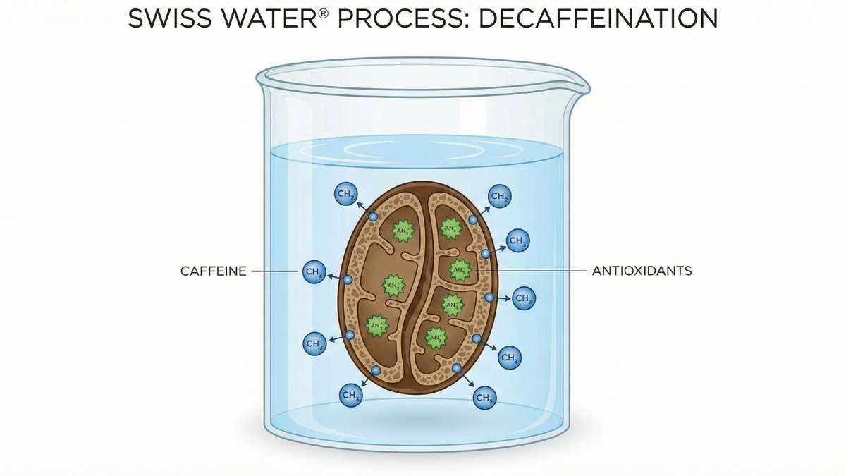 Illustration of Swiss Water Process showing caffeine removal via osmosis