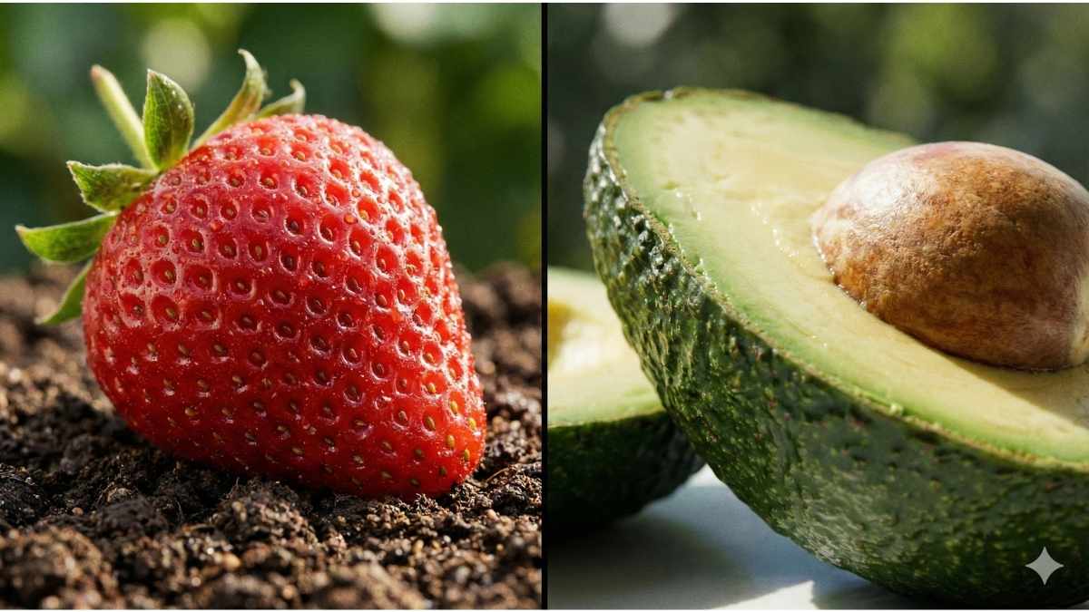 Comparison of porous strawberry skin vs thick avocado skin illustrating pesticide absorption risks for the dirty dozen list.