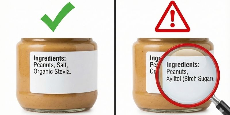 Comparison of safe organic stevia peanut butter label versus toxic xylitol birch sugar label for dogs.