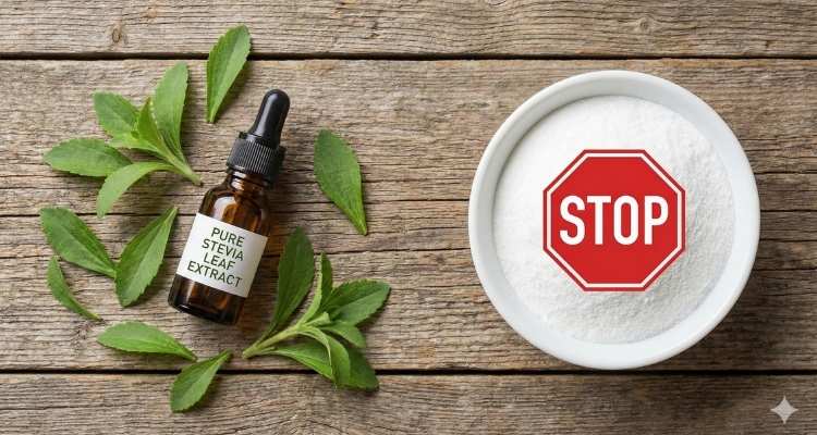 Natural stevia leaf extract liquid versus processed powder with fillers.