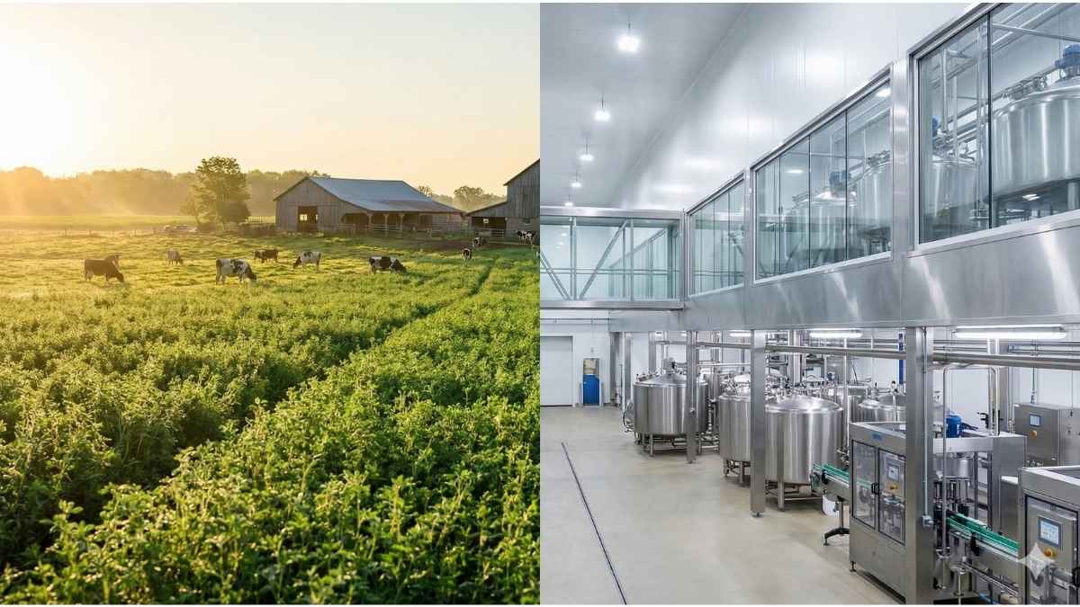 A split view of a sunny family farm and a clean dairy processing plant.
