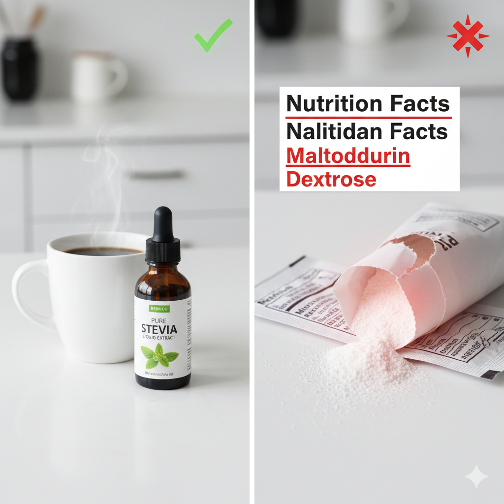 Does stevia break a fast? A visual contrast between pure liquid stevia extract (safe) and powdered stevia with maltodextrin/dextrose (unsafe for fasting). Does stevia break a fast? A visual contrast between pure liquid stevia extract (safe) and powdered stevia with maltodextrin/dextrose (unsafe for fasting).