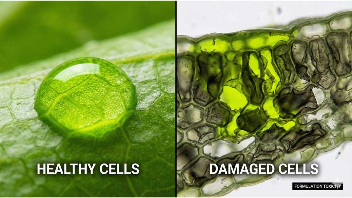 Macro comparison of glyphosate formulation penetrating a leaf vs healthy plant cells, illustrating pesticide toxicity.