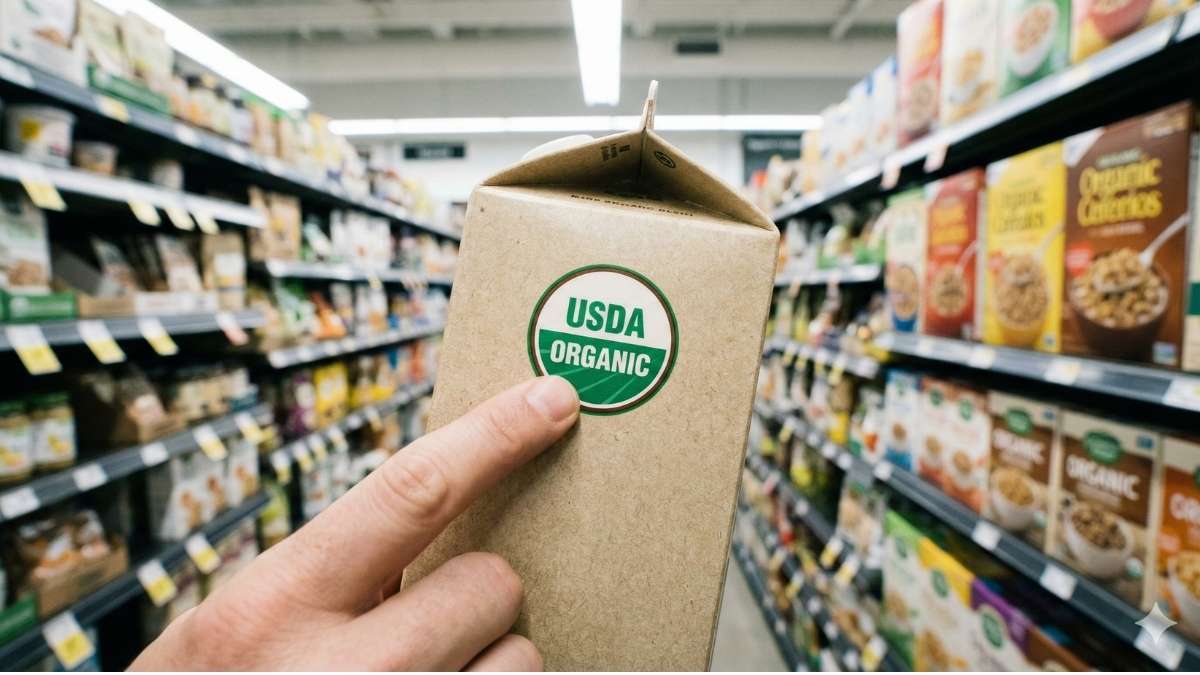 A shopper's hand pointing at the official USDA Certified Organic seal on a product label, confirming the legal ban on genetic engineering in organic food production.