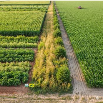 Organic farm buffer zone protecting crops from contamination, a key practice to prevent GMOs in organic food.