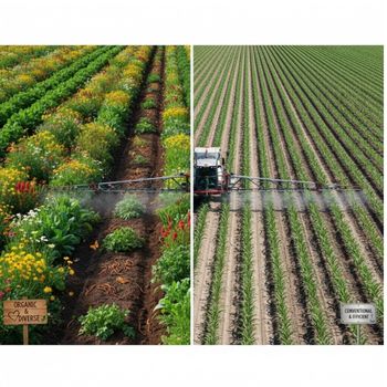 Side-by-side comparison of GMO vs Organic Food farming systems showing biodiversity versus precision agriculture.