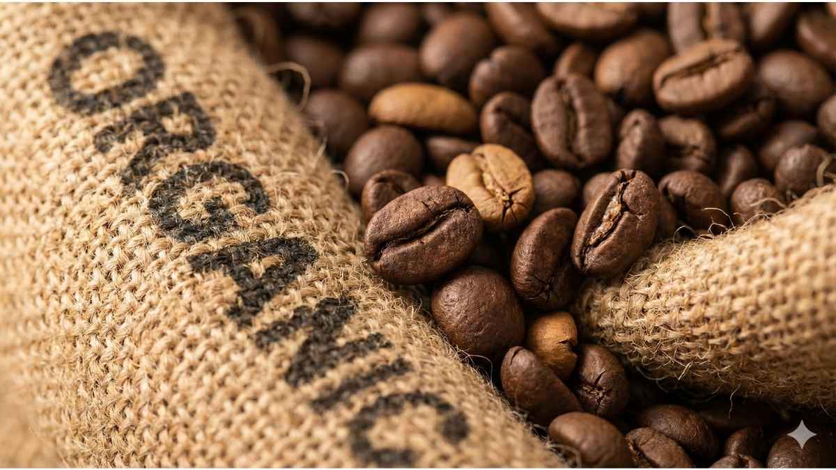Macro shot of good organic coffee beans in burlap sack