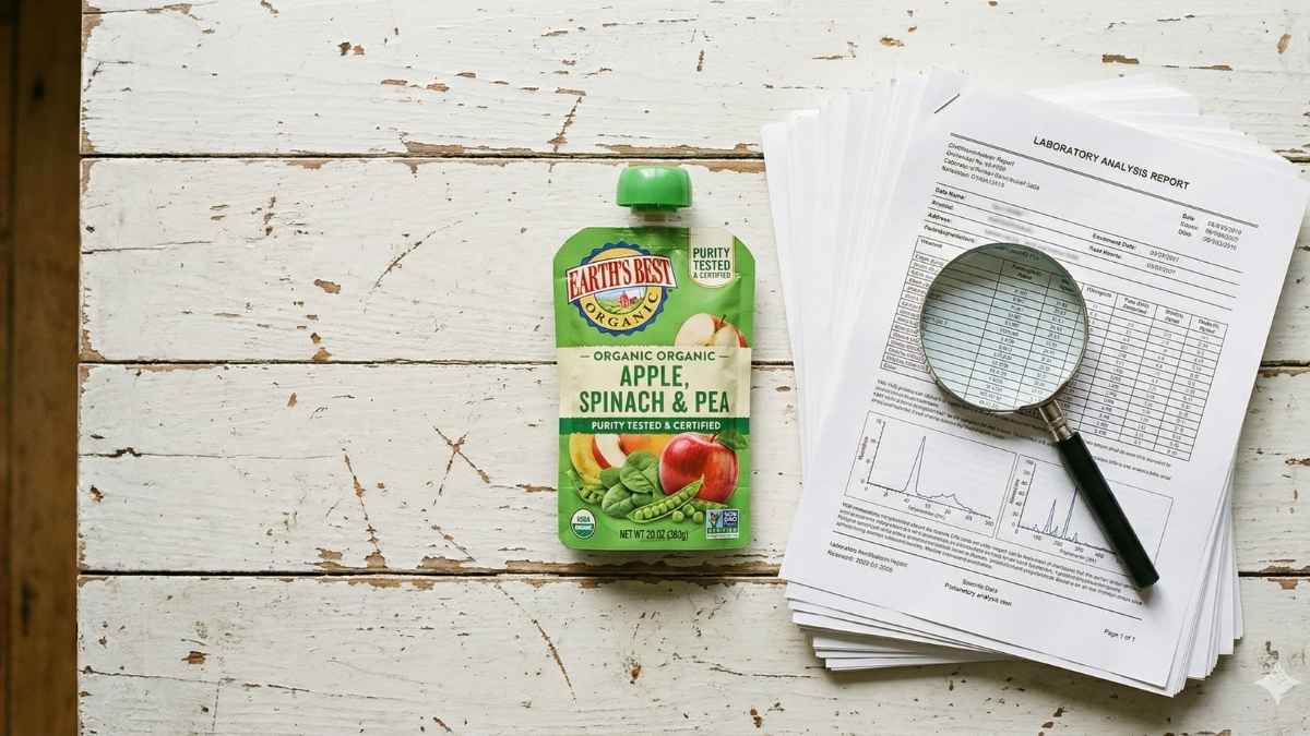 Happy Baby Organics purity award comparison with heavy metal lab test results on a table