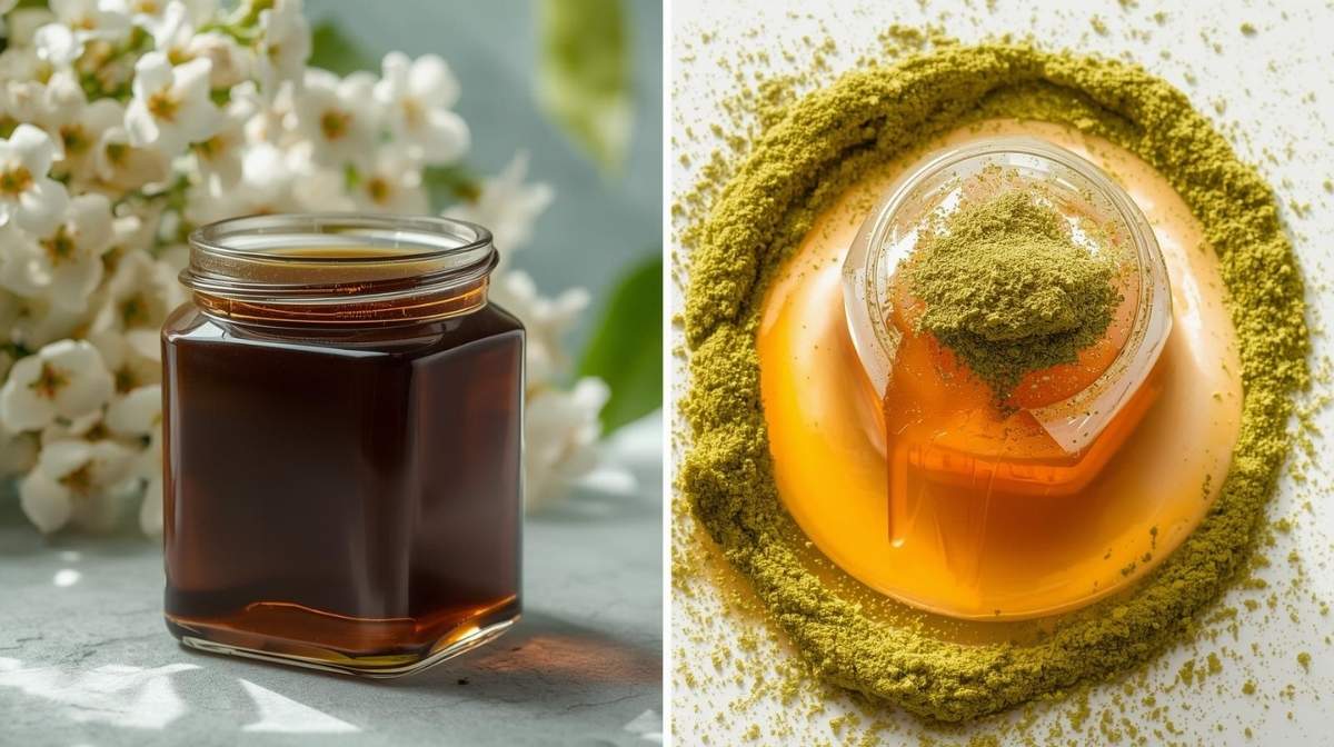 A comparison of the two types of moringa honey: rare, dark monofloral honey from bees and vibrant green moringa-infused honey.