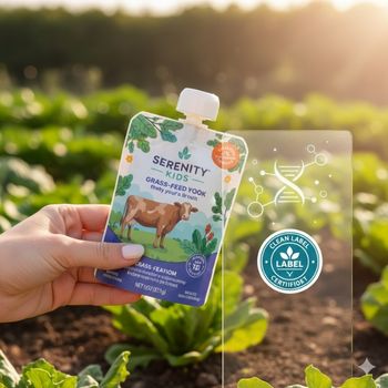 Serenity Kids Baby Food Pouch with Clean Label Certification and purity testing diagram, symbolizing verifiable purity. Serenity Kids Baby Food Pouch with Clean Label Certification and purity testing diagram, symbolizing verifiable purity.