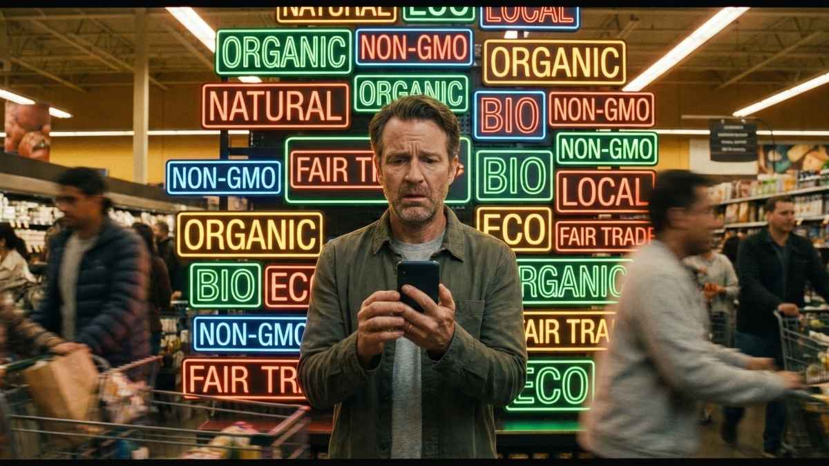 Confused shopper examining detailed organic food label requirements and misleading marketing claims in a brightly lit grocery store aisle.