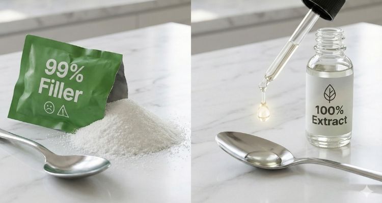 Liquid Stevia vs Powdered Stevia comparison showing fillers in packets versus pure liquid drops.