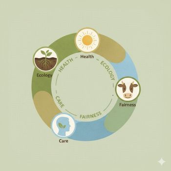 Diagram showing the four principles of organic agriculture (Health, Ecology, Fairness, Care) which define what makes organic food organic. Diagram showing the four principles of organic agriculture (Health, Ecology, Fairness, Care) which define what makes organic food organic.