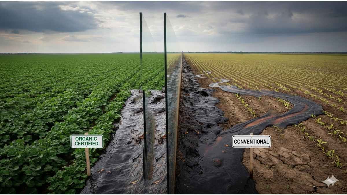 Organic farm soil with a protective barrier blocking heavy metals in food contamination from sewage sludge, emphasizing the mathematical defense against toxic load.
