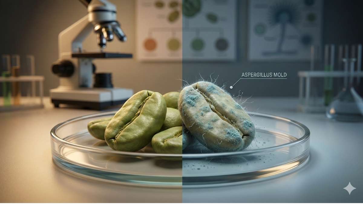 Green coffee beans showing Aspergillus mold spores vs clean beans
