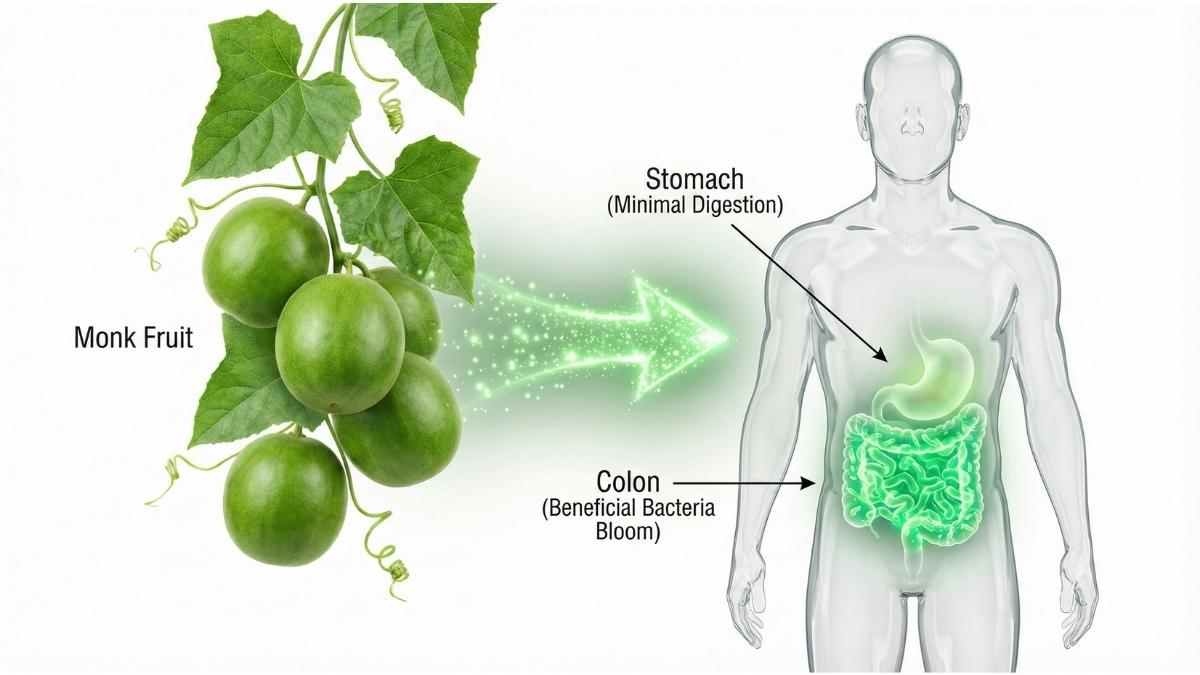Monk fruit digestion diagram showing mogrosides bypassing the stomach to feed akkermansia bacteria in the colon. Monk fruit digestion diagram showing mogrosides bypassing the stomach to feed akkermansia bacteria in the colon.