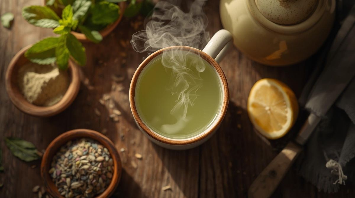 A warm and inviting cup of moringa tea, surrounded by the ingredients used to make it: moringa powder, dried leaves, lemon, and mint. A warm and inviting cup of moringa tea, surrounded by the ingredients used to make it: moringa powder, dried leaves, lemon, and mint.