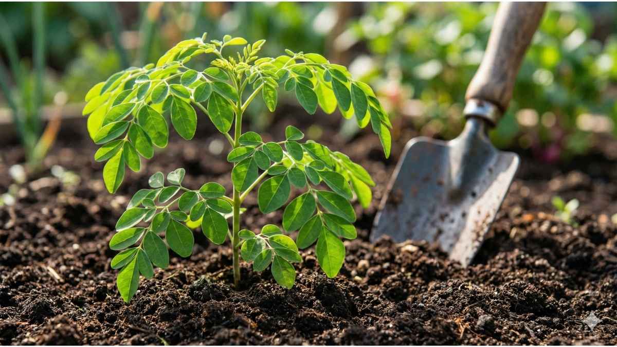 Young Moringa tree planted in sandy loam soil to ensure proper drainage and prevent root rot.