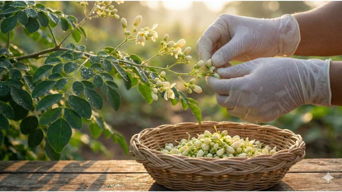 Close-up of harvesting fresh creamy-white Moringa oleifera flower buds into a wicker basket.