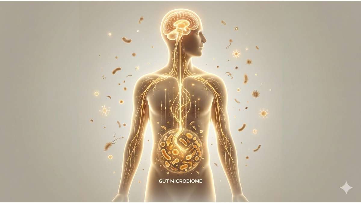Human gut-brain axis illustration showing microbiome connection to mental health and anxiety risks from glyphosate exposure.