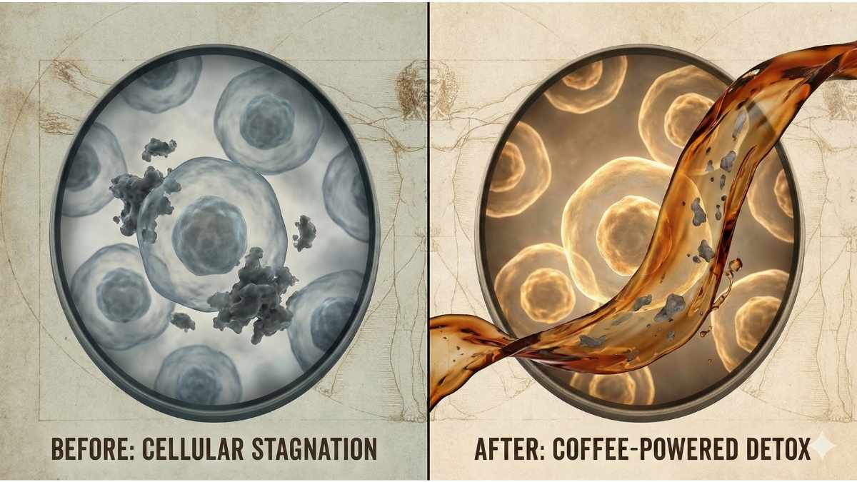 Split image showing blocked human cells vs active cells cleared by coffee