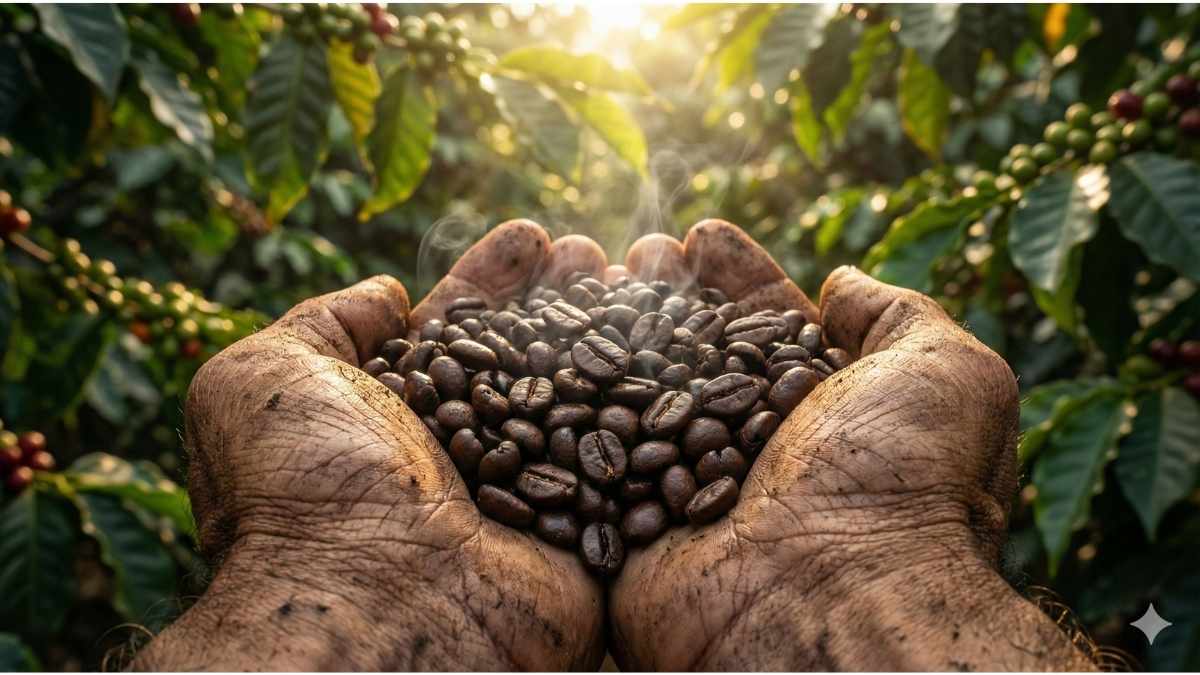 Close up of dark roast coffee beans in soil-stained hands, steam rising, soft morning light