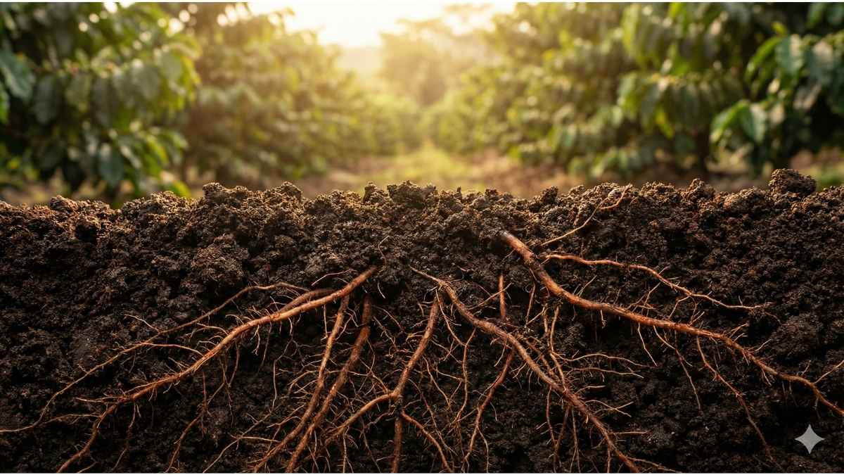 Organic coffee tree roots in soil showing deep root system uptake.