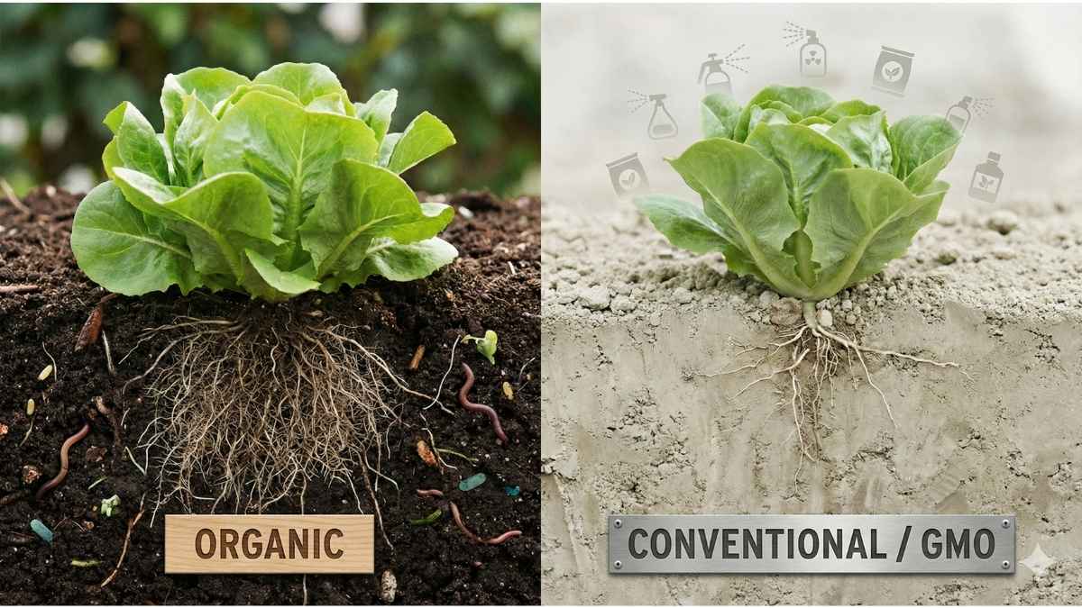 Close-up view comparing the deep, healthy roots of an Organic lettuce plant in rich soil versus the sparser roots of a Conventional GMO plant, illustrating the difference in soil health and reduced GMO vs Organic Food pesticide residue exposure.