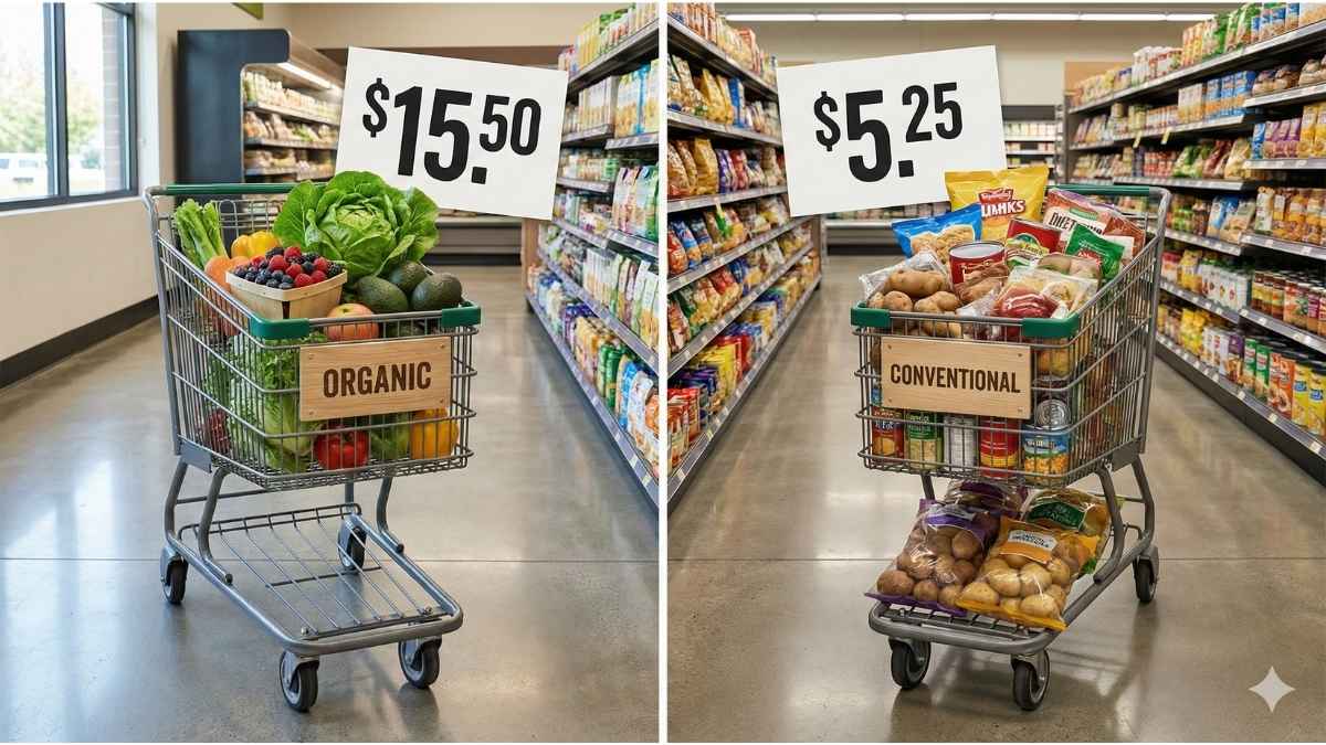 organic food vs non-organic food cost comparison grocery cart