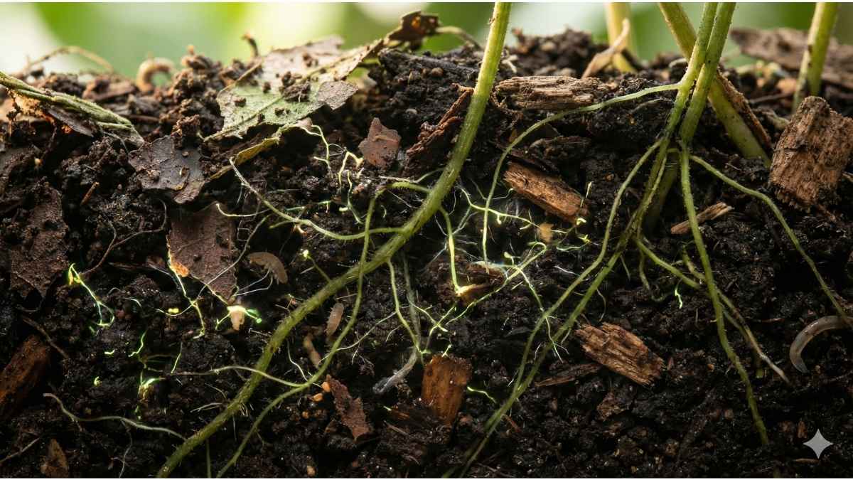 Cross-section of dark, healthy organic soil with plant roots and glowing beneficial microbes illustrating the core principle of Organic Plant Food.