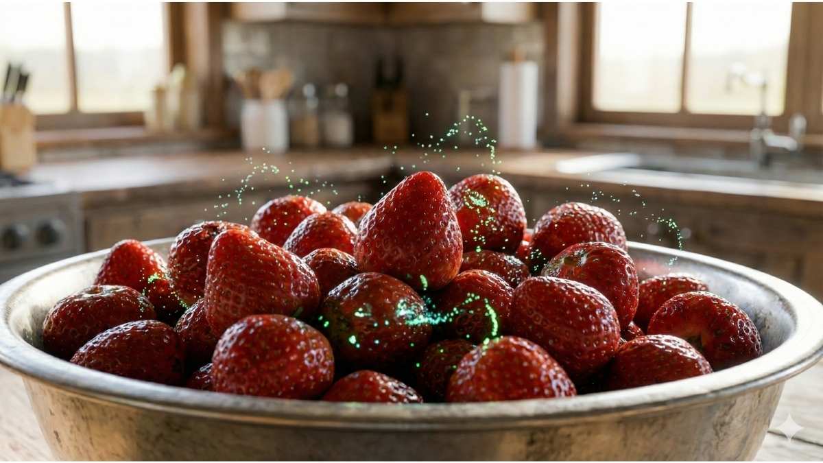 Organic Strawberries vs Conventional: High-contamination risk shown by the pervasive poly-pesticide cocktail on non-organic fruit.