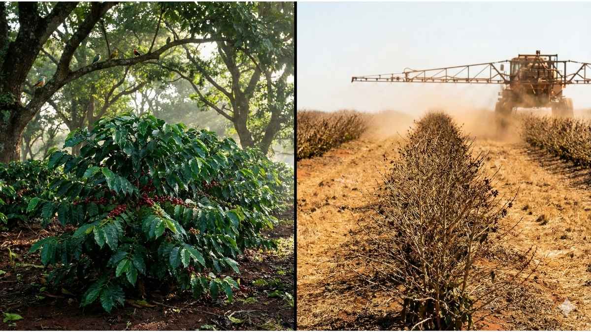 Organic coffee farm vs conventional monoculture farm comparison