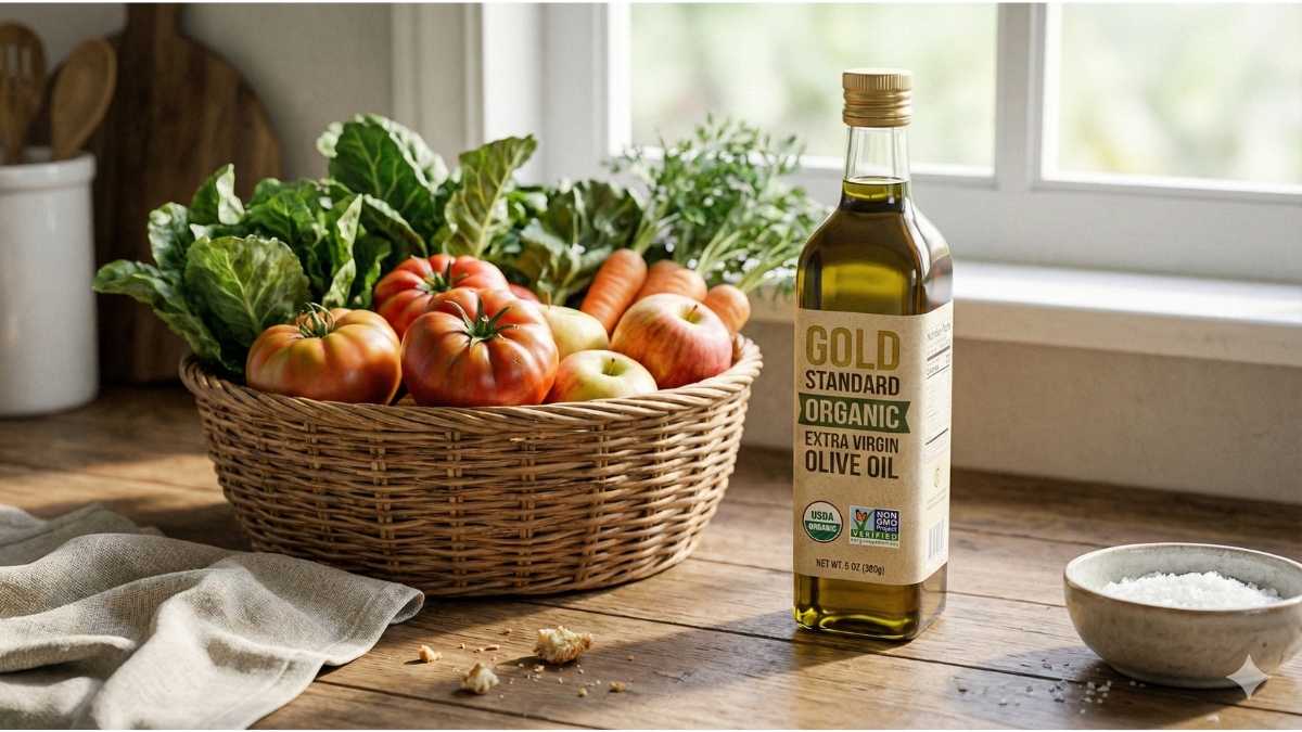 USDA Organic and Non-GMO Project Verified seals on healthy food products.